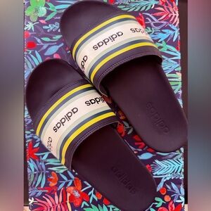 adidas Navy Slides with Yellow & Green Stripe Accents